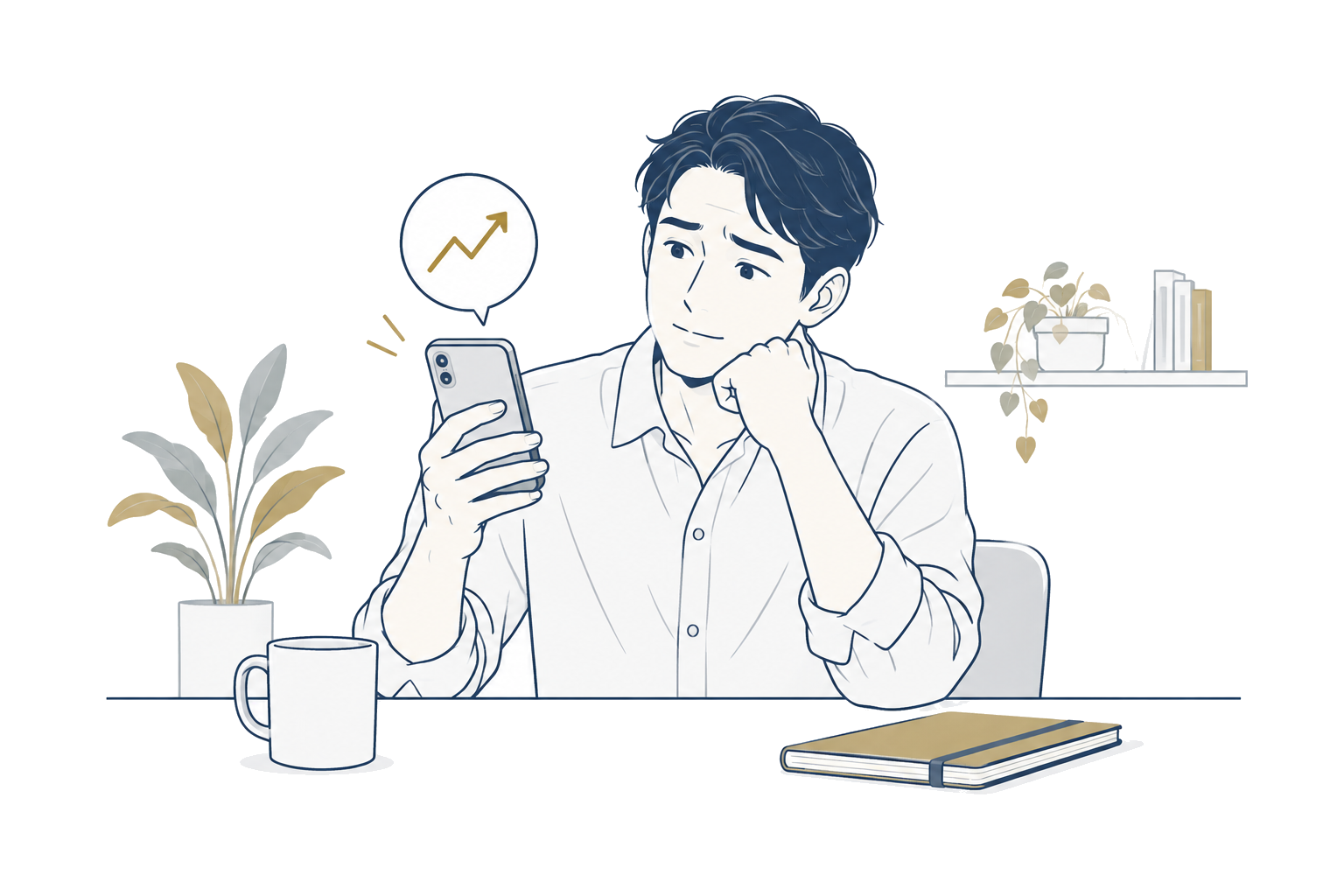 教材を閉じたままスマートフォンを見て結果を期待する男性