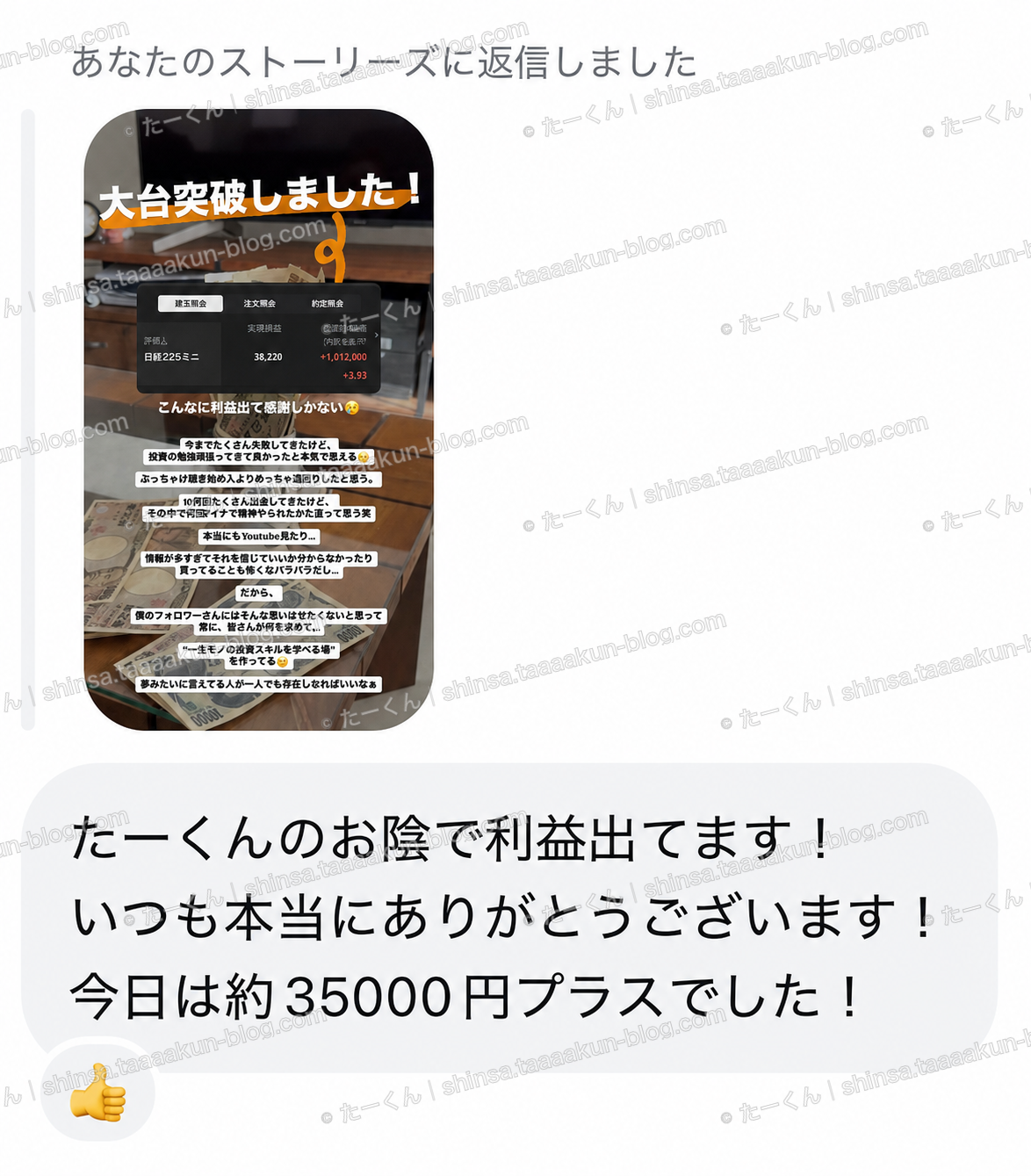 その日の利益をメッセージで報告の報告画像