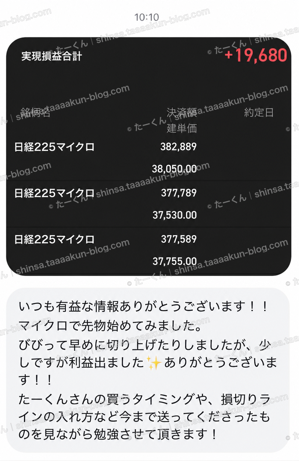 早めに決済した取引を振り返っての報告画像