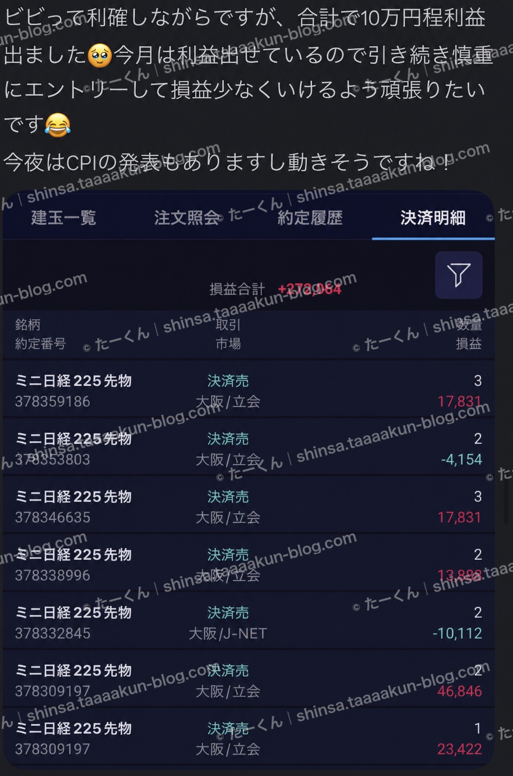 利益が出ても、慎重なエントリーをの報告画像